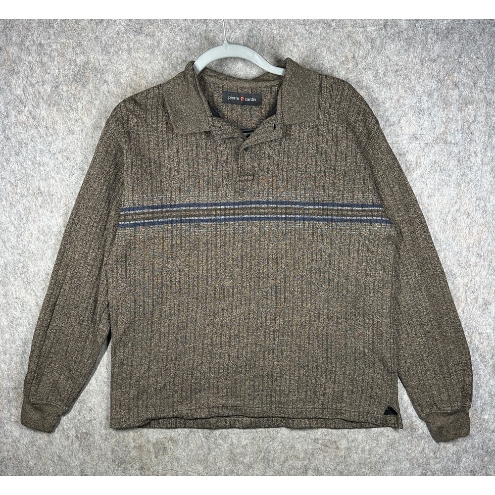 Pierre Cardin Mens Large Vintage Y2K Knit Polo Brown Striped Long Sleeve Retro